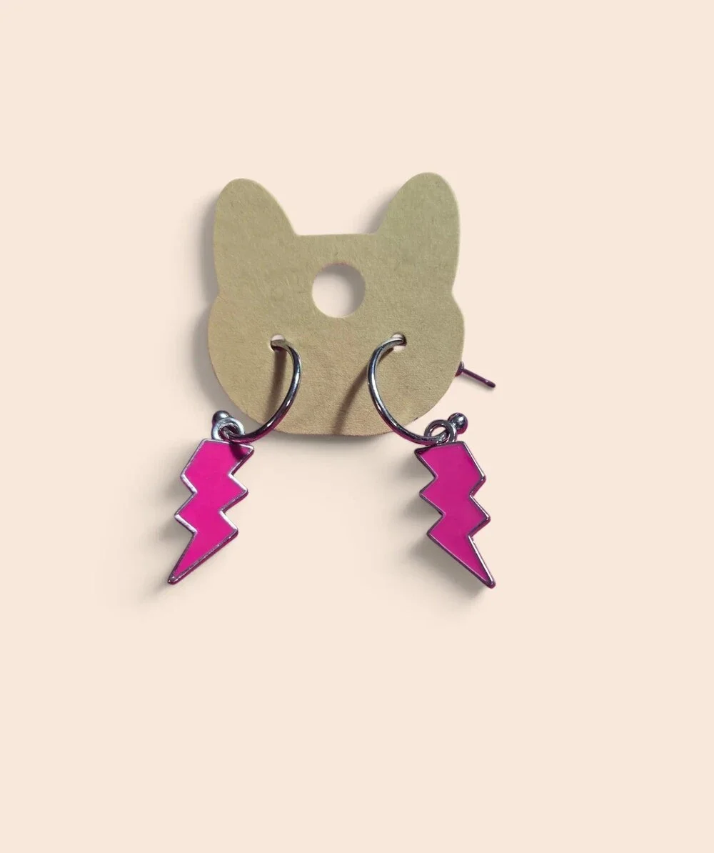 Hot Pink Enamel Lightning Bolt Huggies Earrings